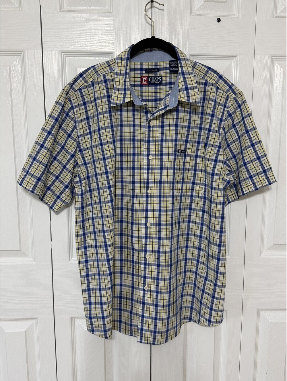 Chaps Shirt Mens XL Blue Yellow Plaid Short Sleeve Button Up Easy Care Casual
